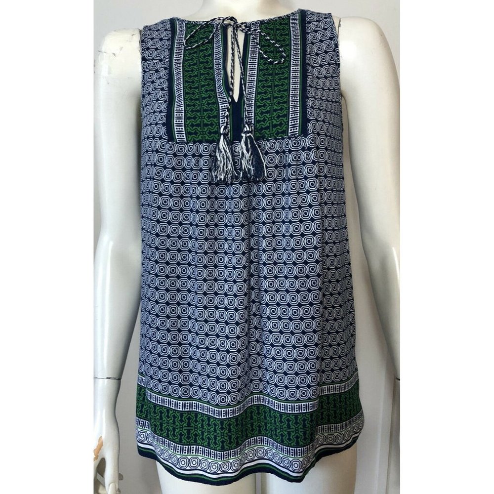 Max Studio Sleeveless Top Navy Green Tie Tassels